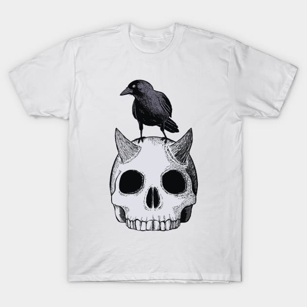 Crow Perched on a Demon Skull T-Shirt by JCPhillipps